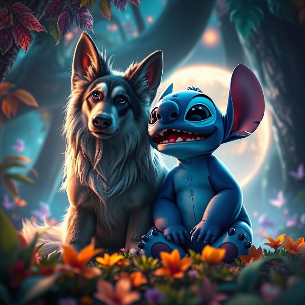 Lovable Alien and Majestic Dog in Vibrant Mystical Forest