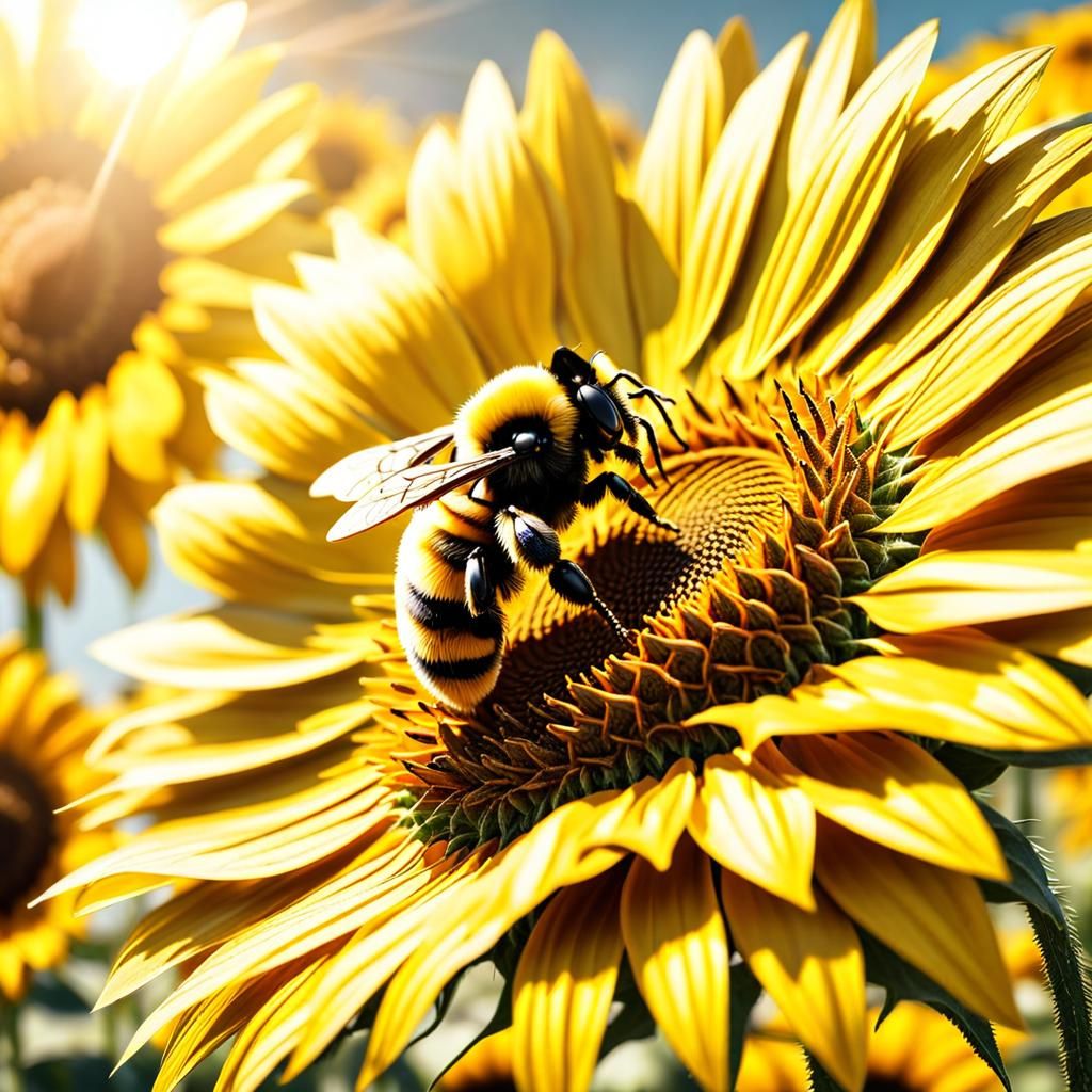 Bumble Bee on Sunflower in Golden Light