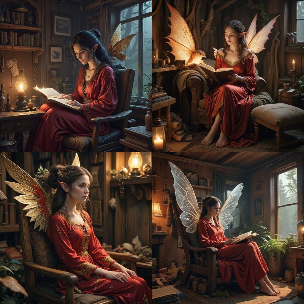 Elf Mother Reads to Her Children in Whimsical Mushroom Home