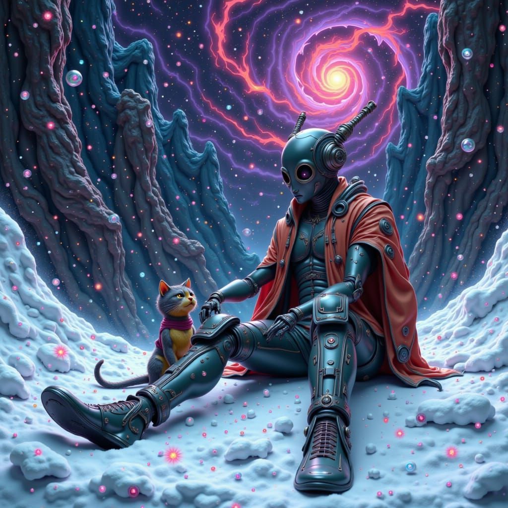 Robot and Kitty in Cosmic Winter Landscape, Celestialpunk St...