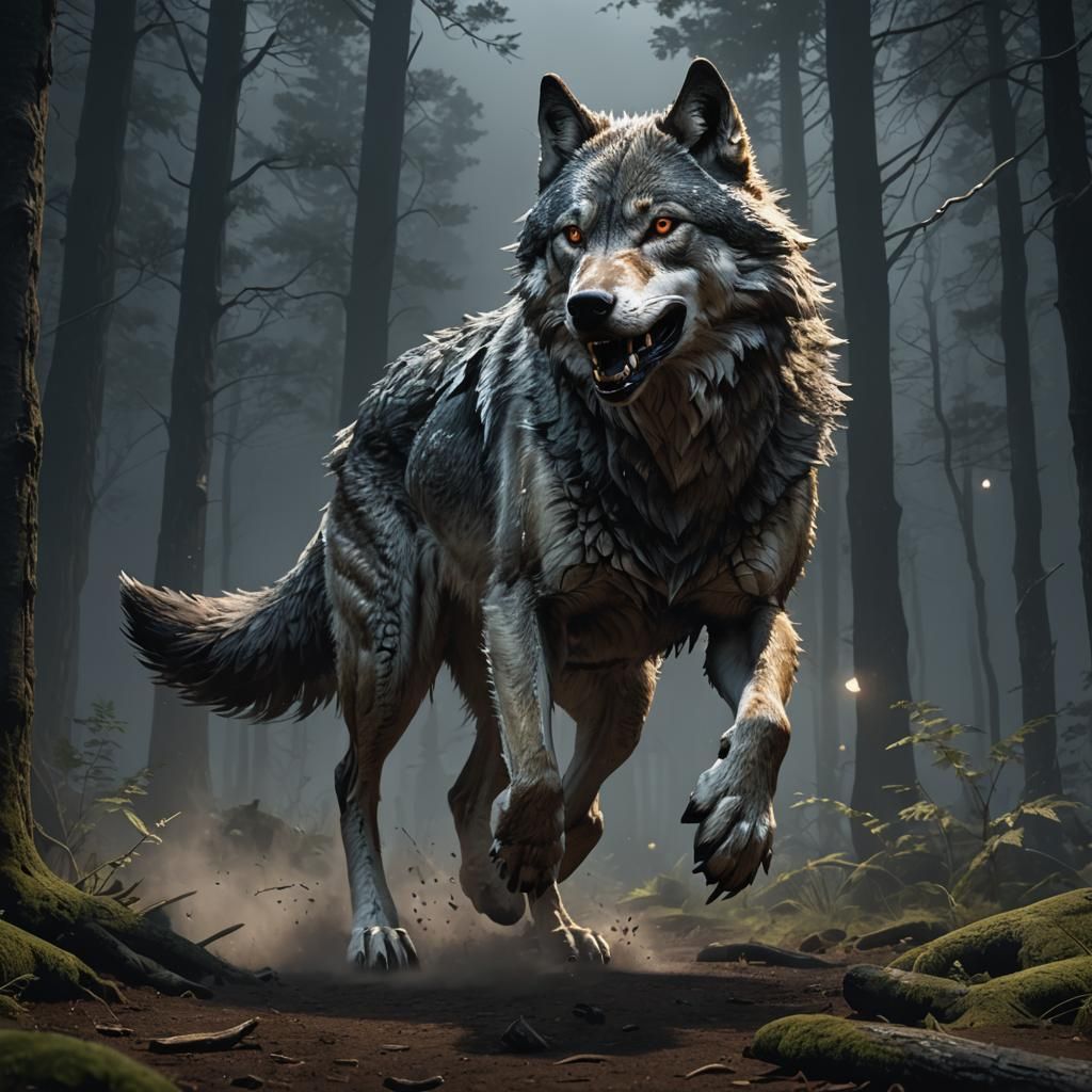 Ethereal Wolf in Moonlit Forest: Dark Fantasy Art