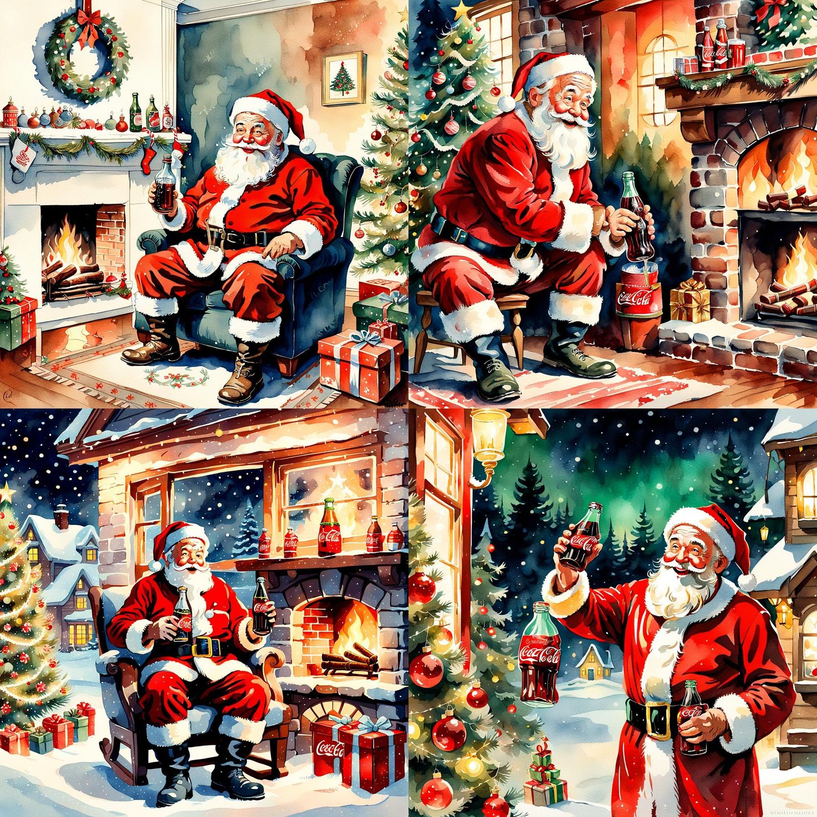 Vintage Coca-Cola Christmas Illustration in Watercolor Style