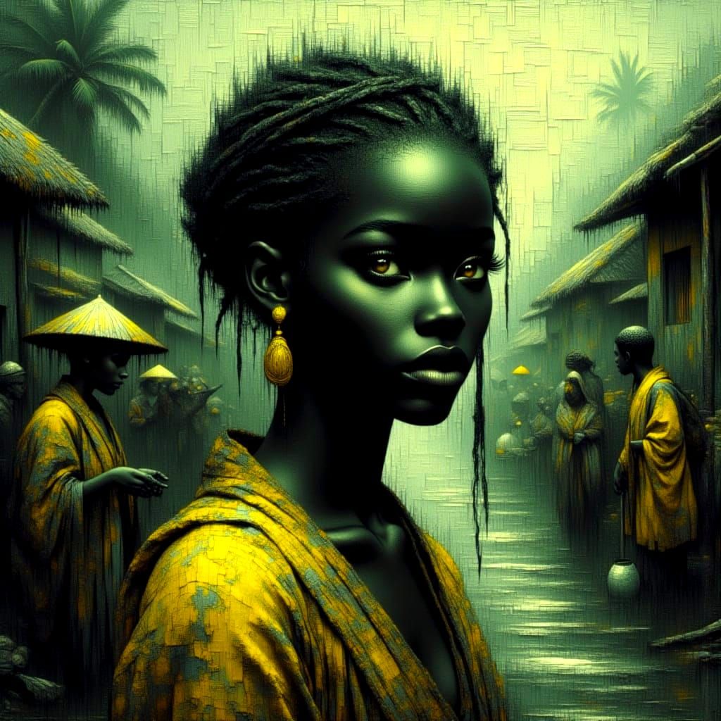 Ethereal Woman in Misty Marketplace, Folklore Vision