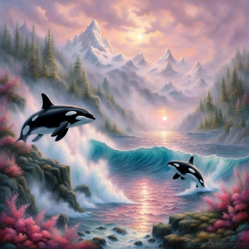 Pink Ocean Orcas in Ethereal Fantasy Style