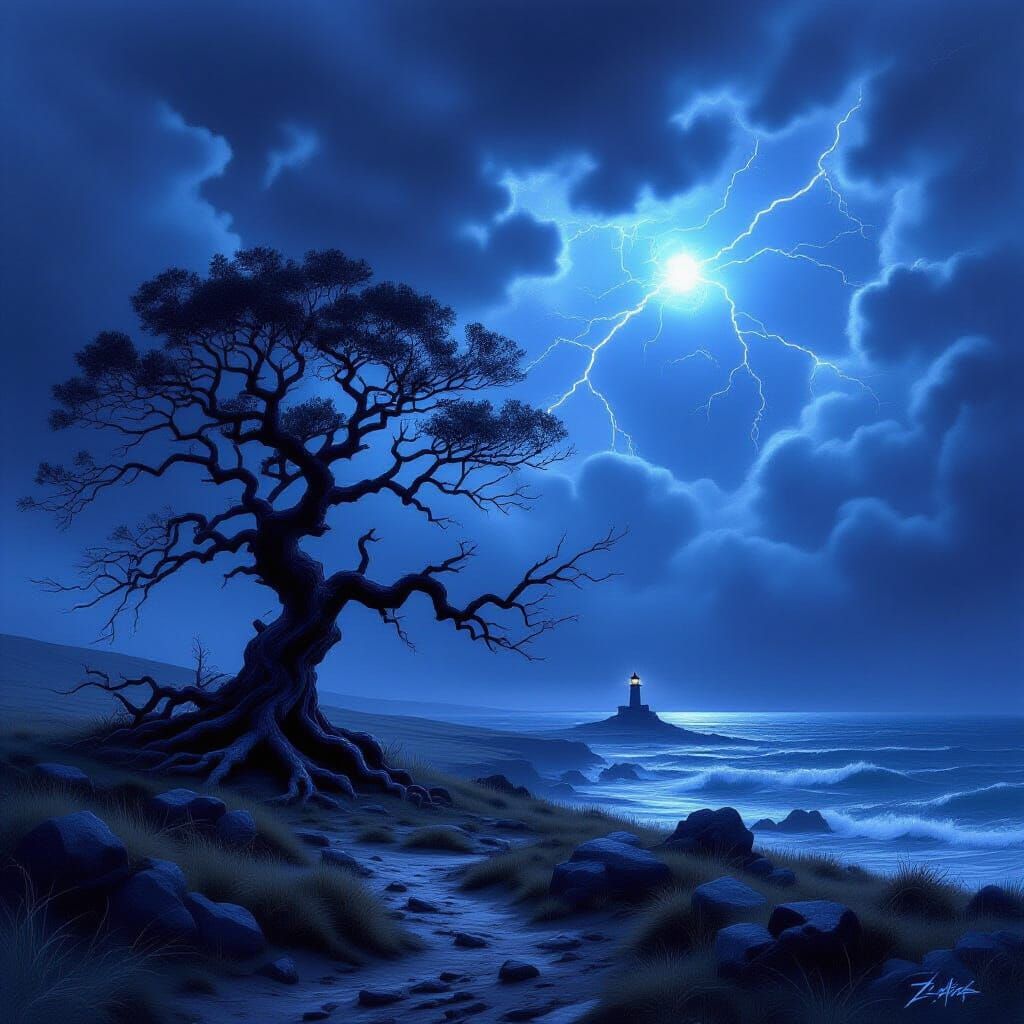 Ancient Tree on Desolate Moor Under Stormy Sky