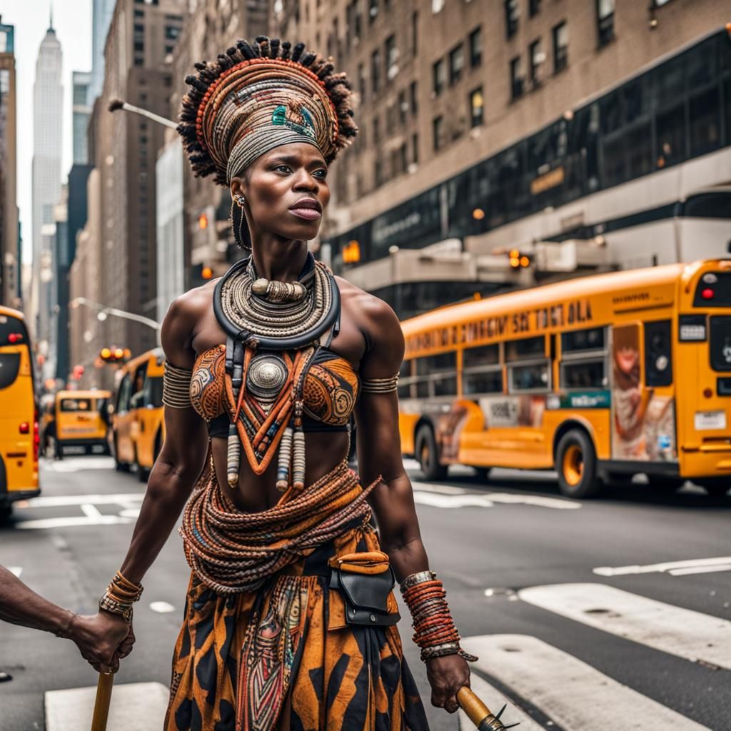 African Warrior at New York Bus Stop