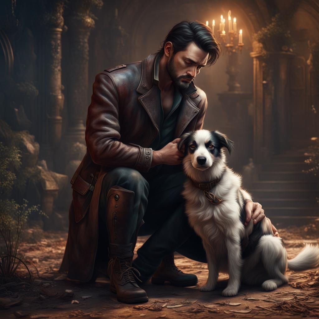 Man Grieves Dog in Detailed Matte Painting