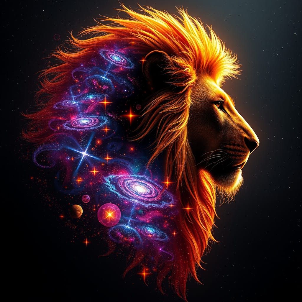 Regal Lion's Cosmic Form in Ethereal Surrealism Style