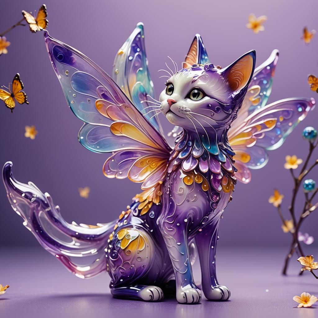 Enameled Glass Figurine of a Whimsical Cat Fairy