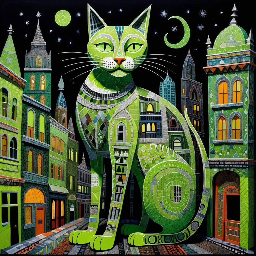 Whimsical Lime Cat in City at Night