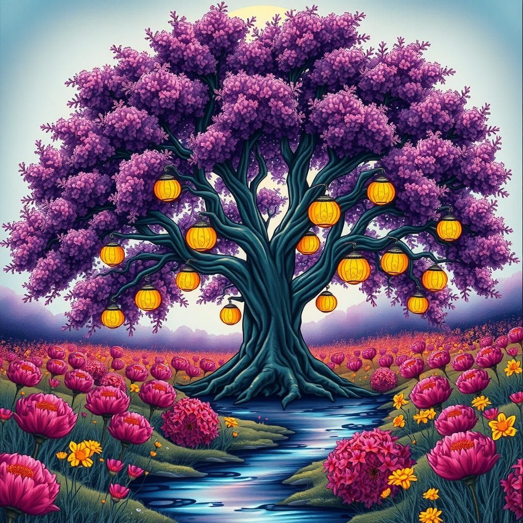 Majestic Tree in Vibrant Meadow with Golden Fruit and Purple...