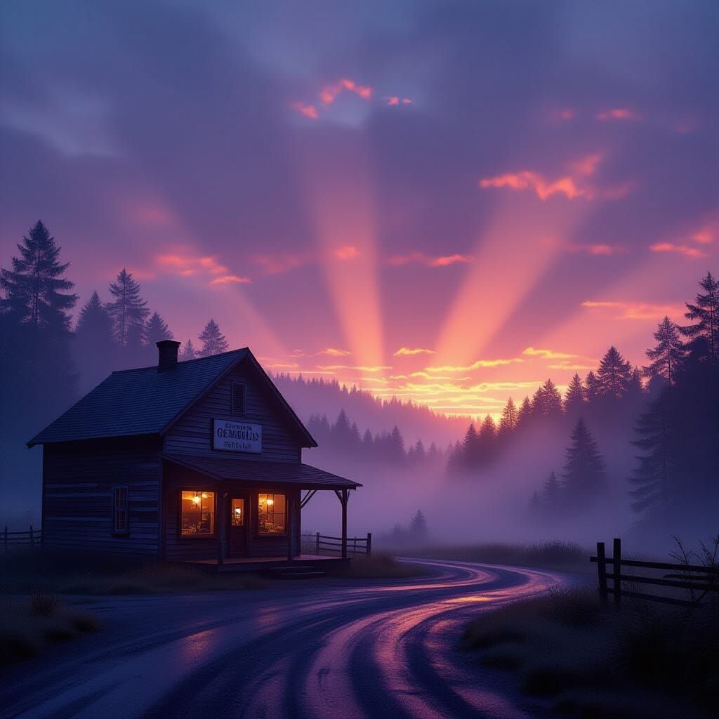 Misty Forest Dawn Over Weathered General Store