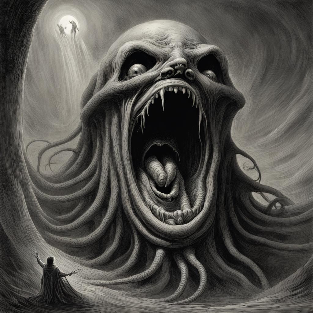 Screaming Horror Face with Tentacle Creature