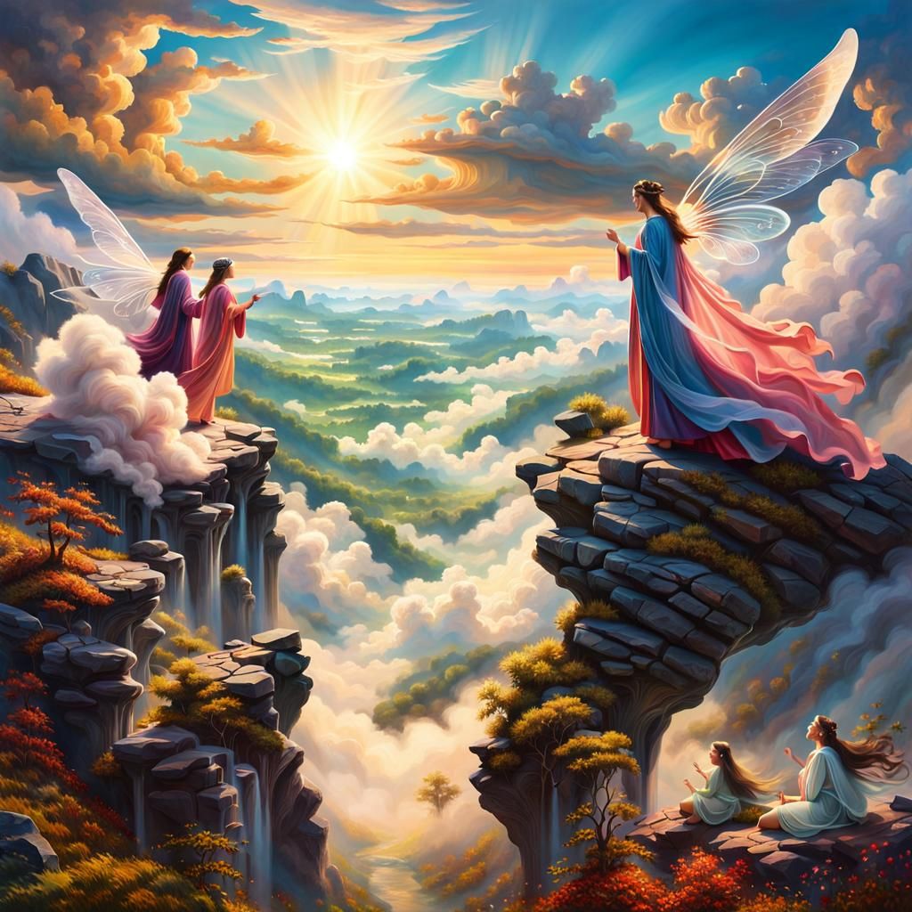 Fairies Race Clouds in a Surreal Sky