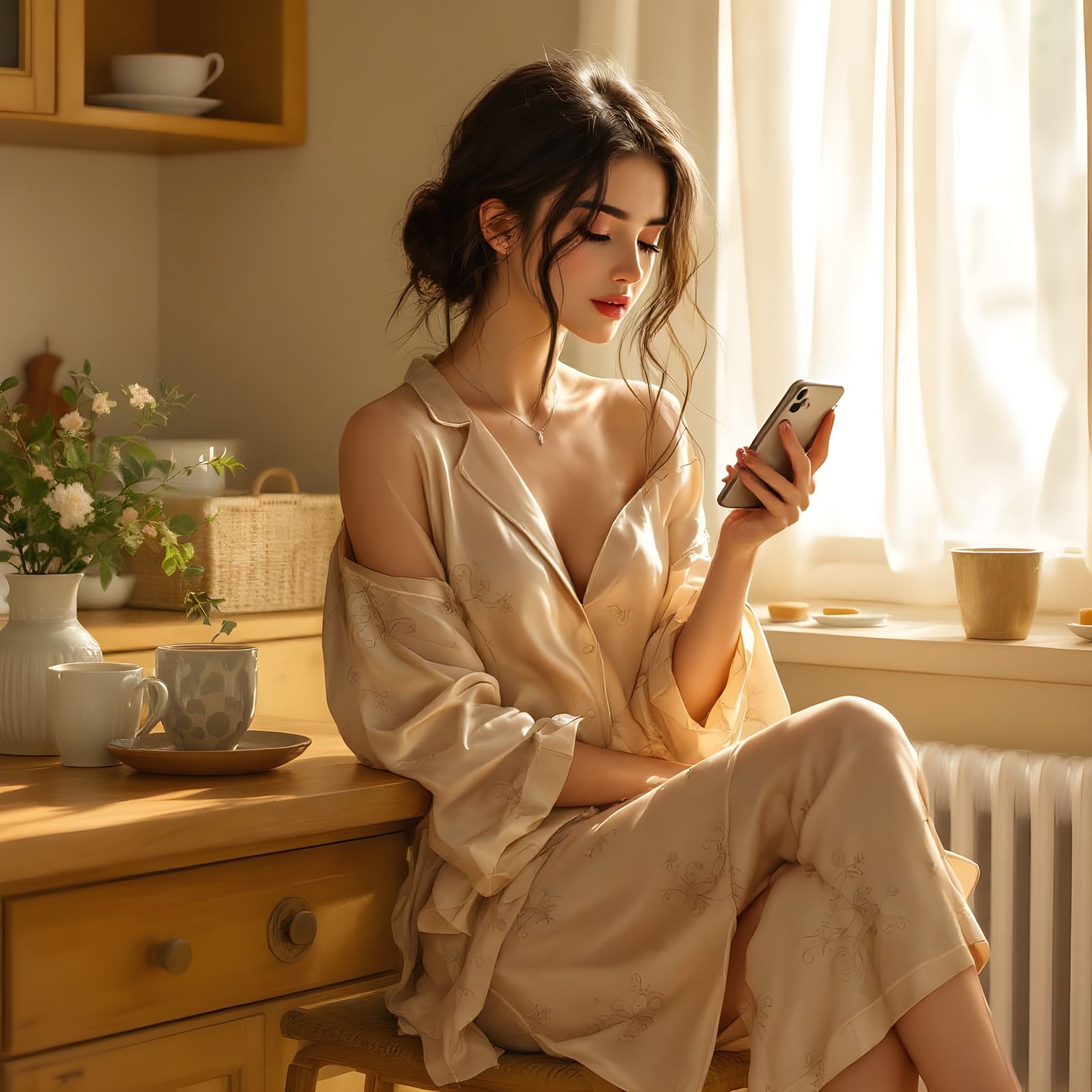 Charming Morning Scene with a Young Woman in a Cozy Kitchen