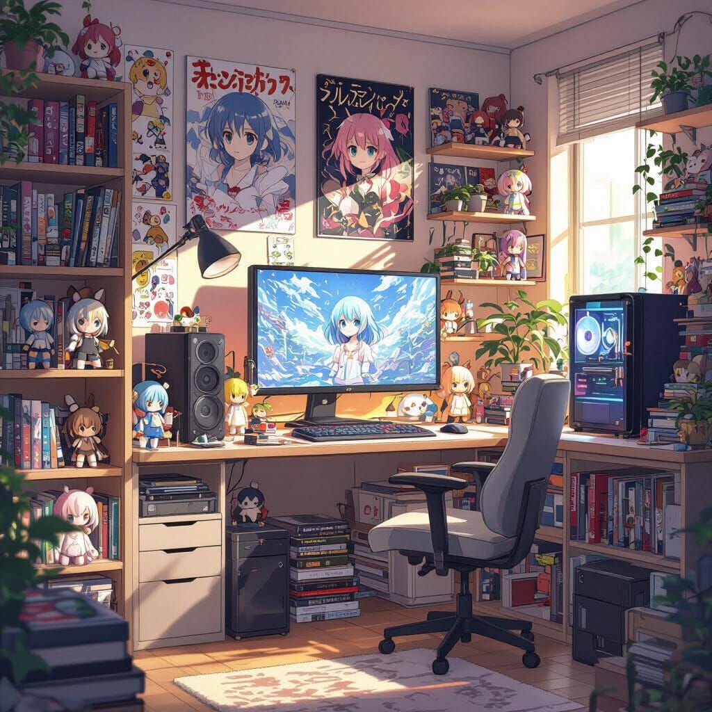 Cozy Anime Fan Room with Manga and Figures