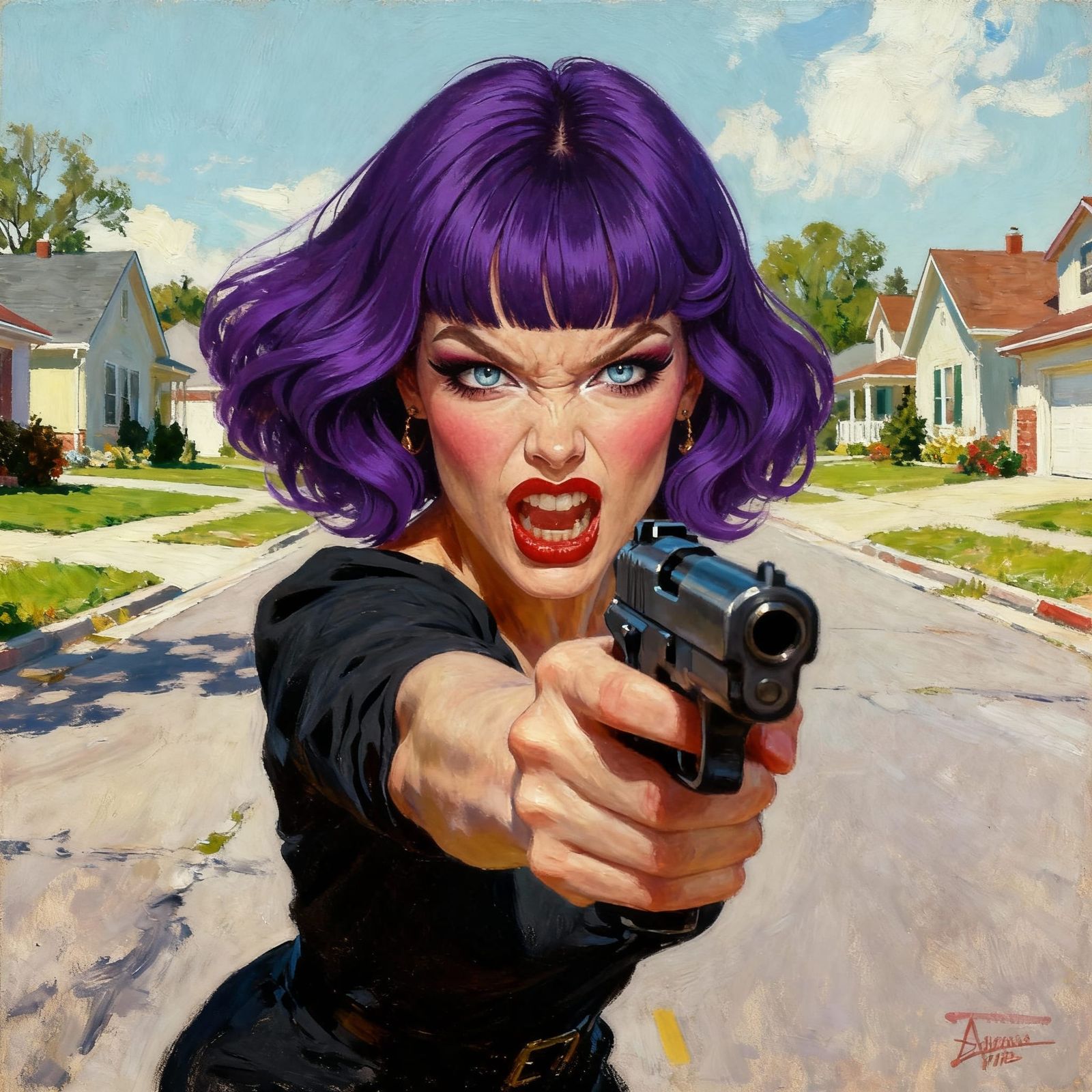Angry Woman with Purple Bob Points Gun on Street