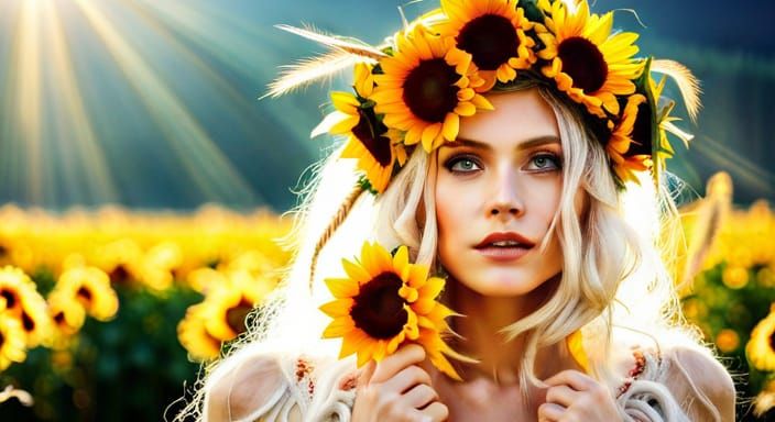 Woman with Sunflower Crown in Sunny Forest