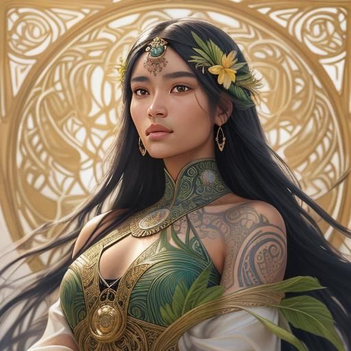 Tahitian Woman with Hibiscus, Art Nouveau Style