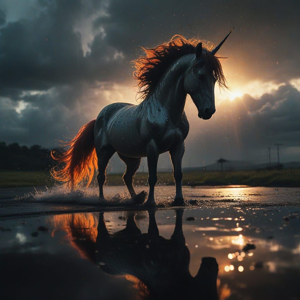 Charging Unicorn Silhouette on Rainbow Oil Puddle