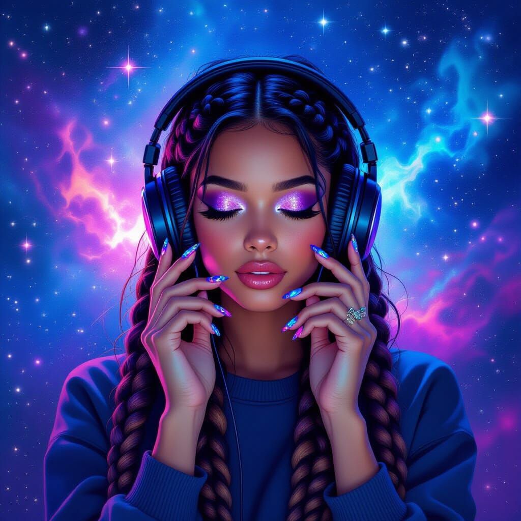 Cosmic Woman Listening to Music with Galaxy Nails