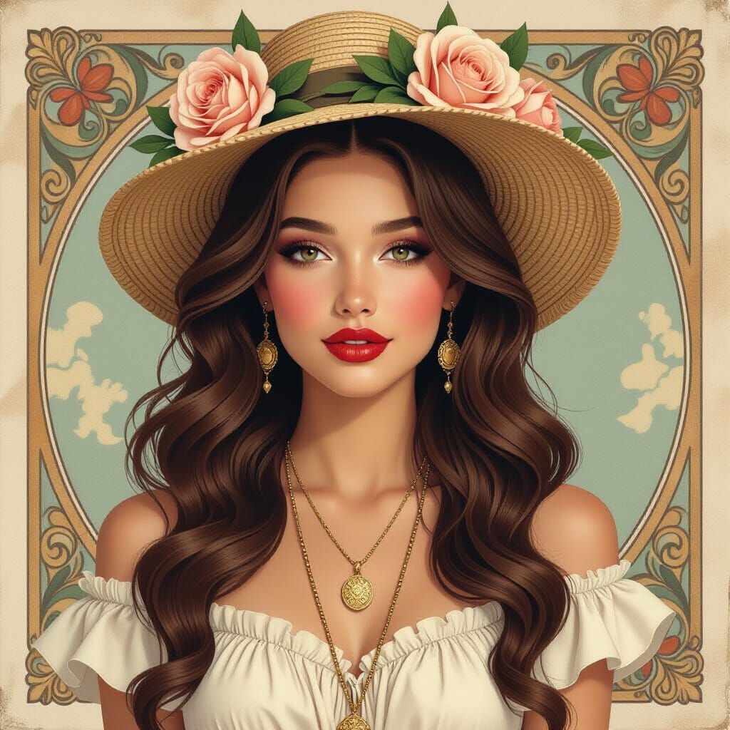Elegant Woman in Straw Hat, Alphonse Mucha Style