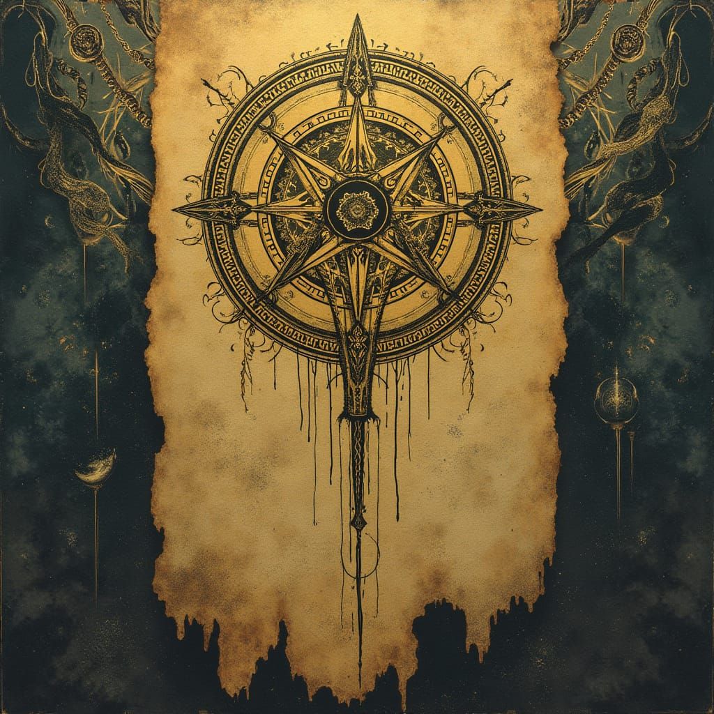 Mystical Sigil on Tattered Banner in Surreal Style