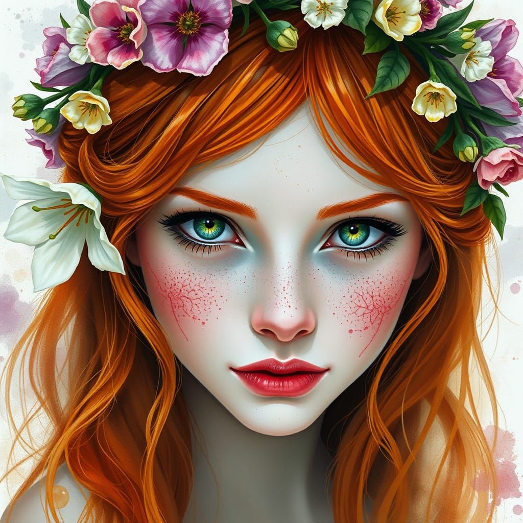 Ethereal Watercolor Portrait of a Freckled Fantasy Woman