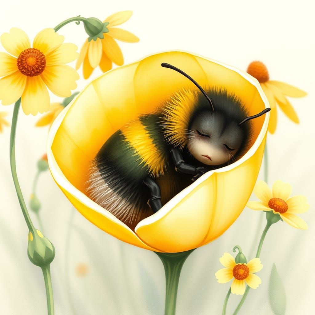 Sleepy Bumblebee Resting in Buttercup, Watercolor Sketch