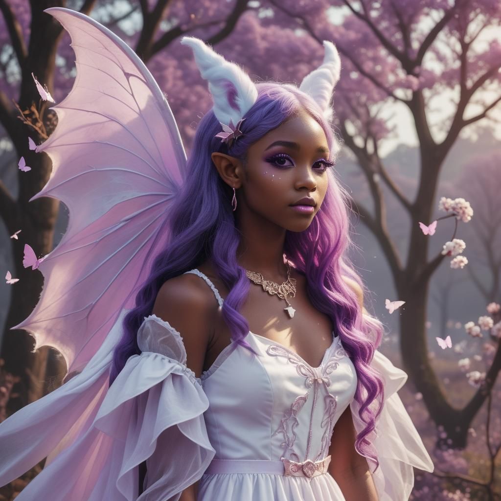 Magical African Woman with Purple Hair and Wings