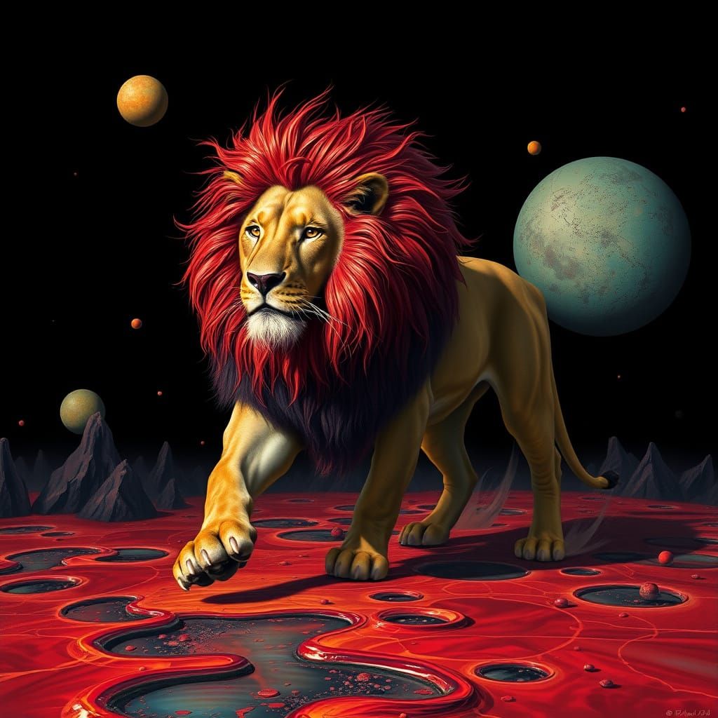 Majestic Lion Dominates a Surreal, Hellish Landscape