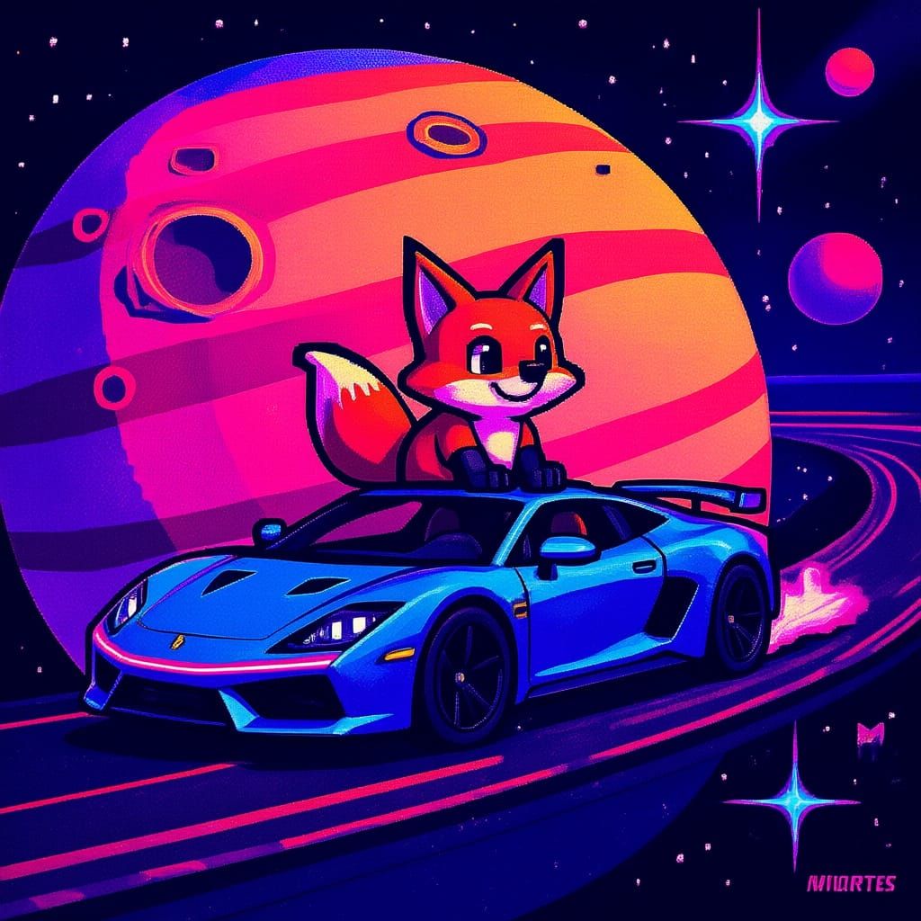 Soviet Retro Art: Fox Drives Car on Saturn
