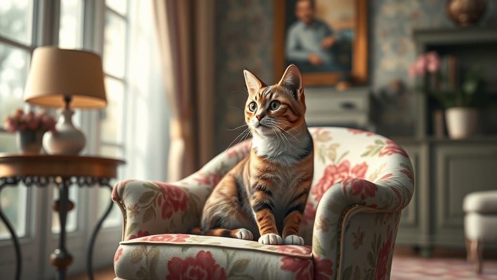 3D Cat in Floral Chair, Chic Living Room