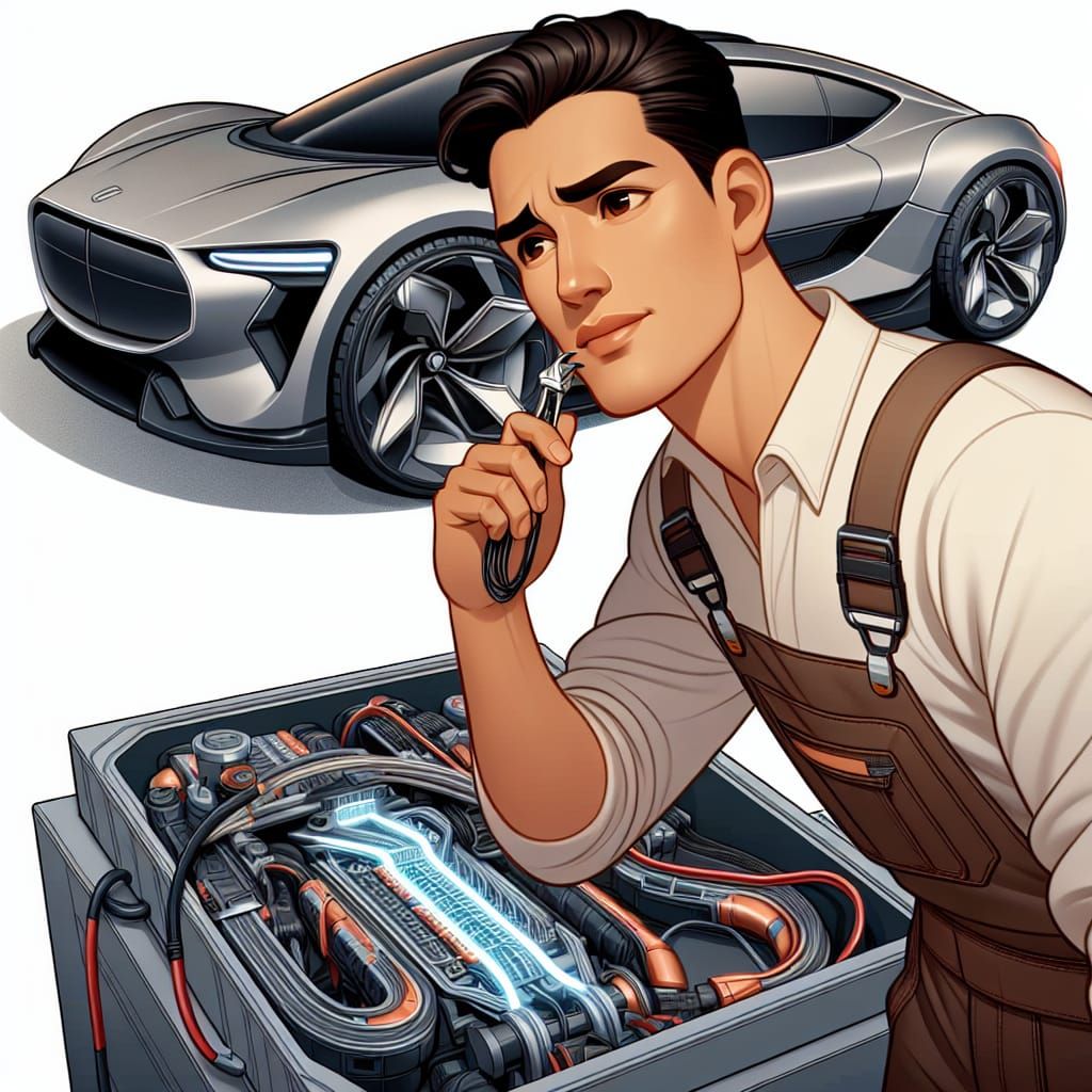 Hispanic Mechanic Repairs Futuristic Car in Animation