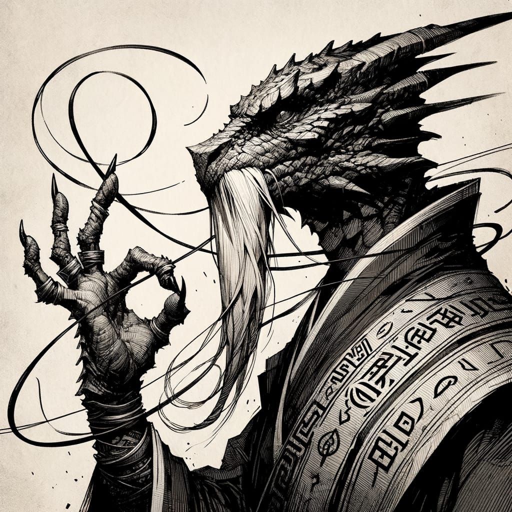 Dark Fantasy Dragonborn Monk in Intricate Sketchbook Style
