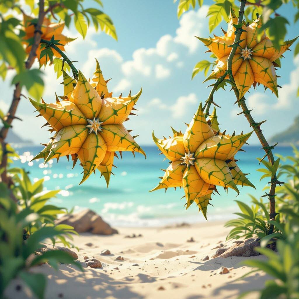 Hyperdetailed Starfruit Vines on Atoll, Fantasy Art