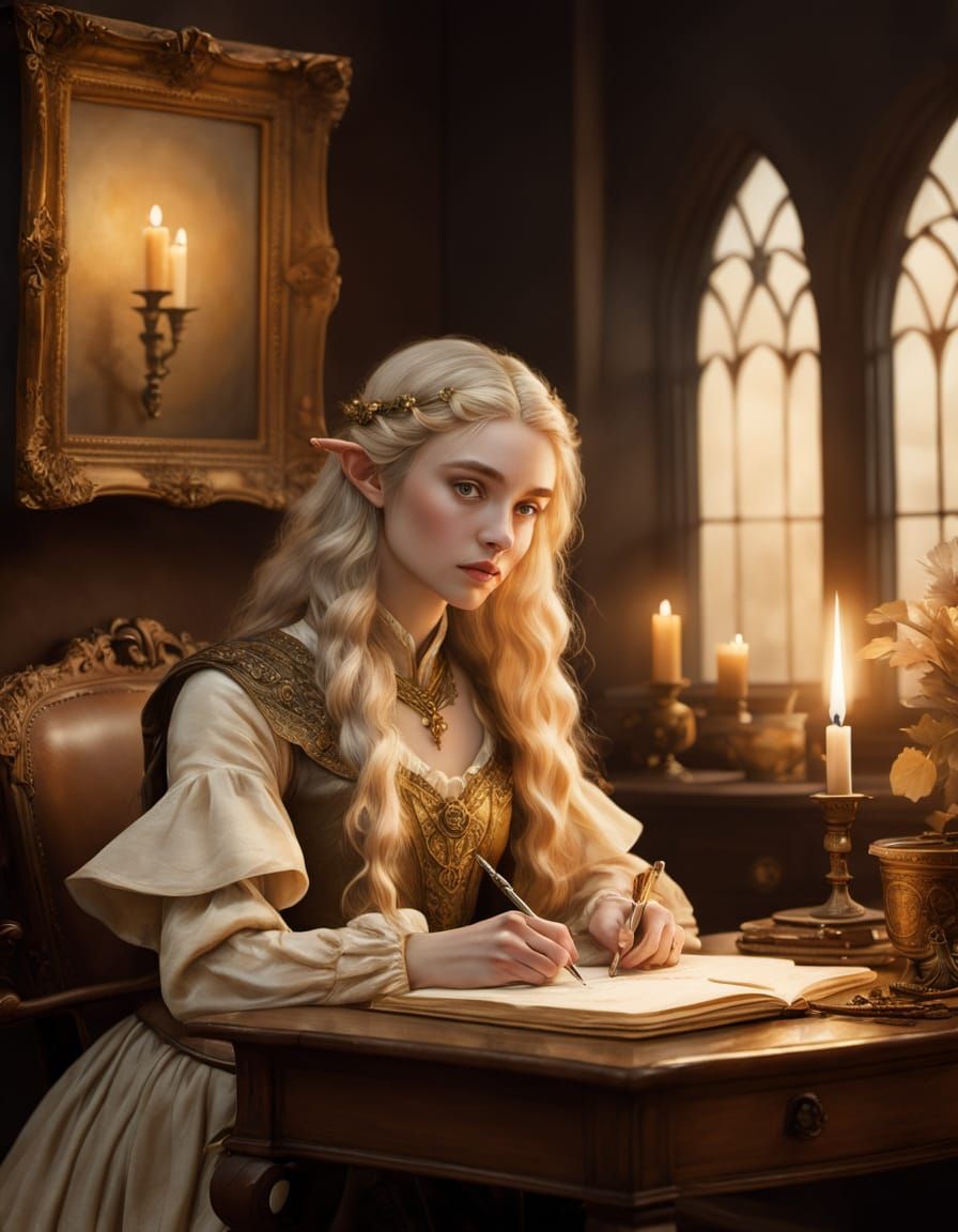 A young elven girl writing a letter