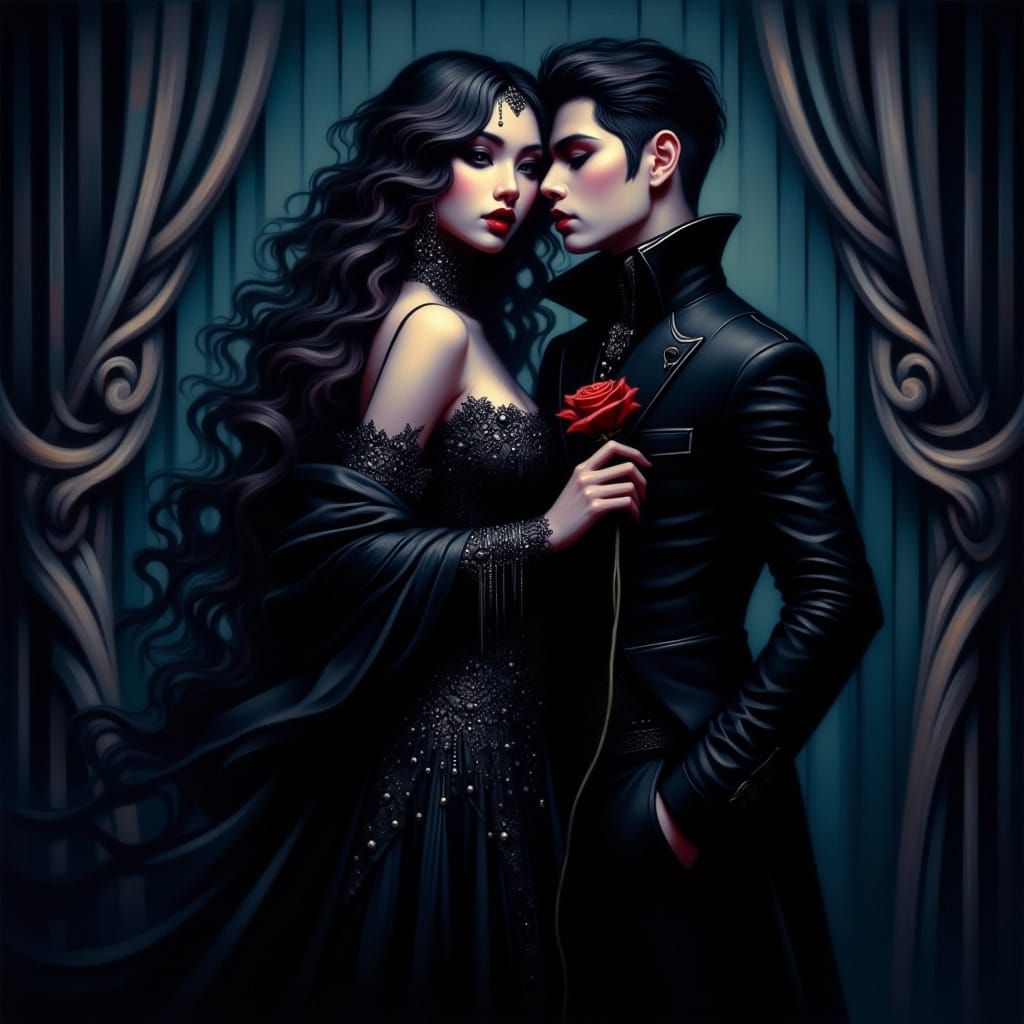 Romantic Goth Woman in Black Dress with Dark-Haired Man