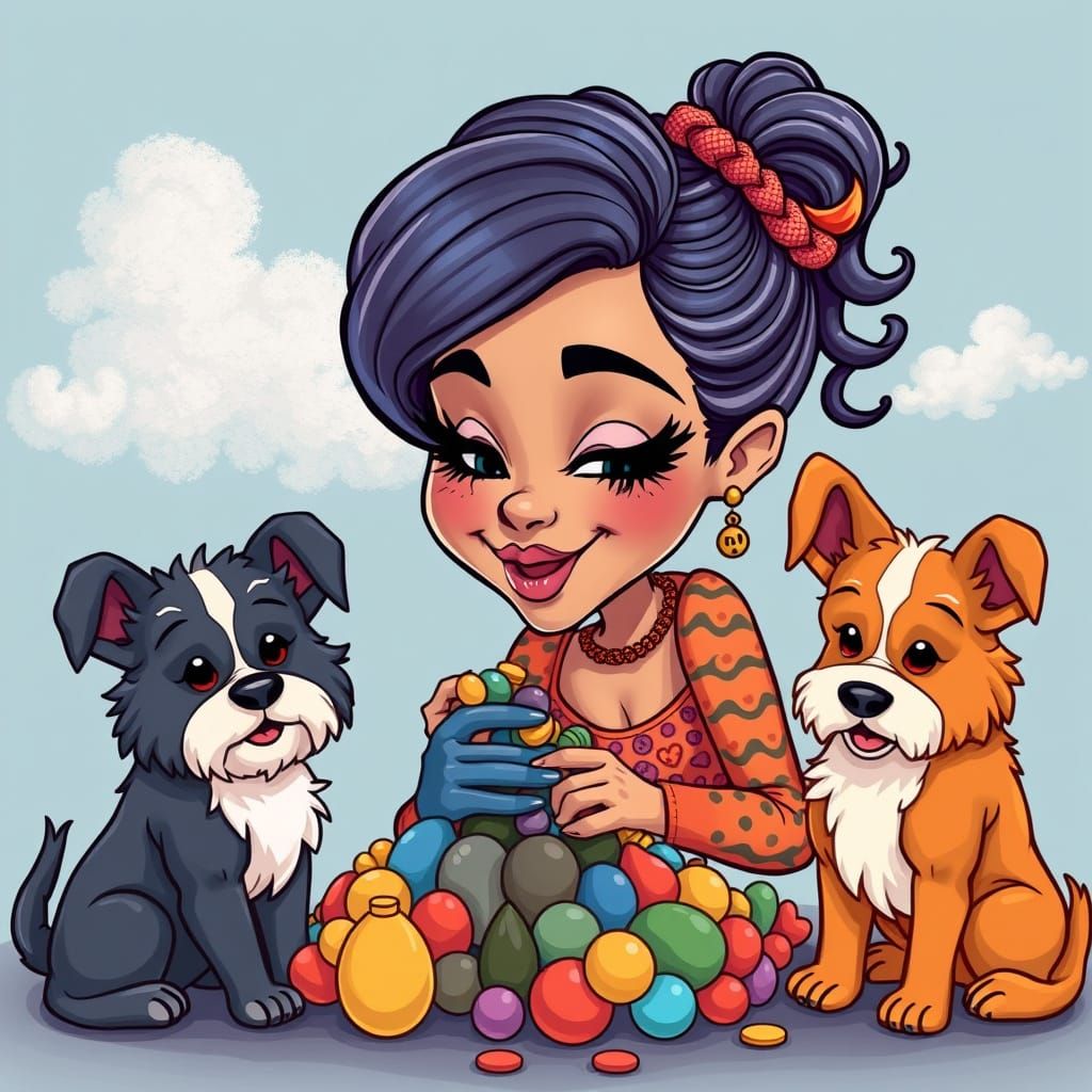 Woman Building with Dogs in Cartoon Style
