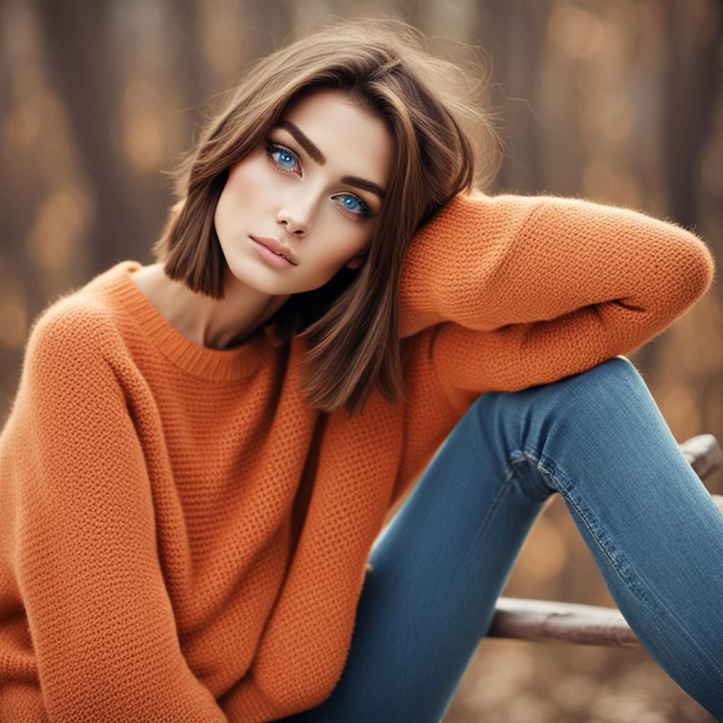 Beautiful Girl with Bob Haircut in Orange Sweater
