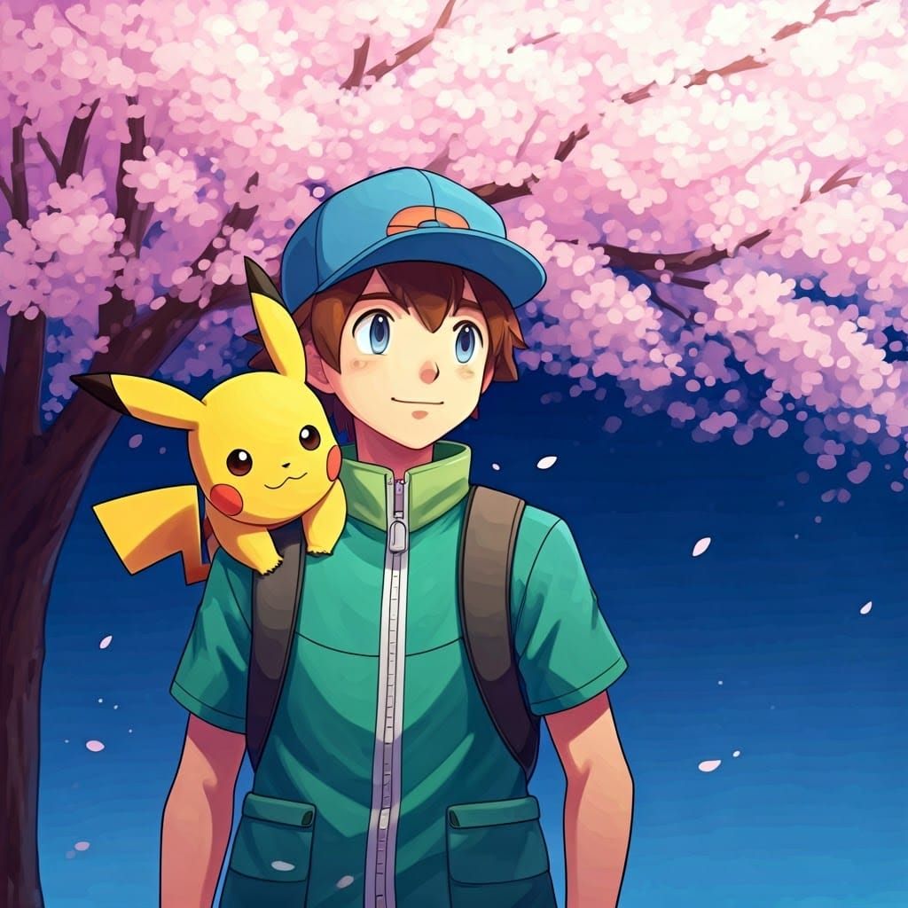 Blue Hat Trainer and Pikachu Contemplate Sakura Tree at Nigh...