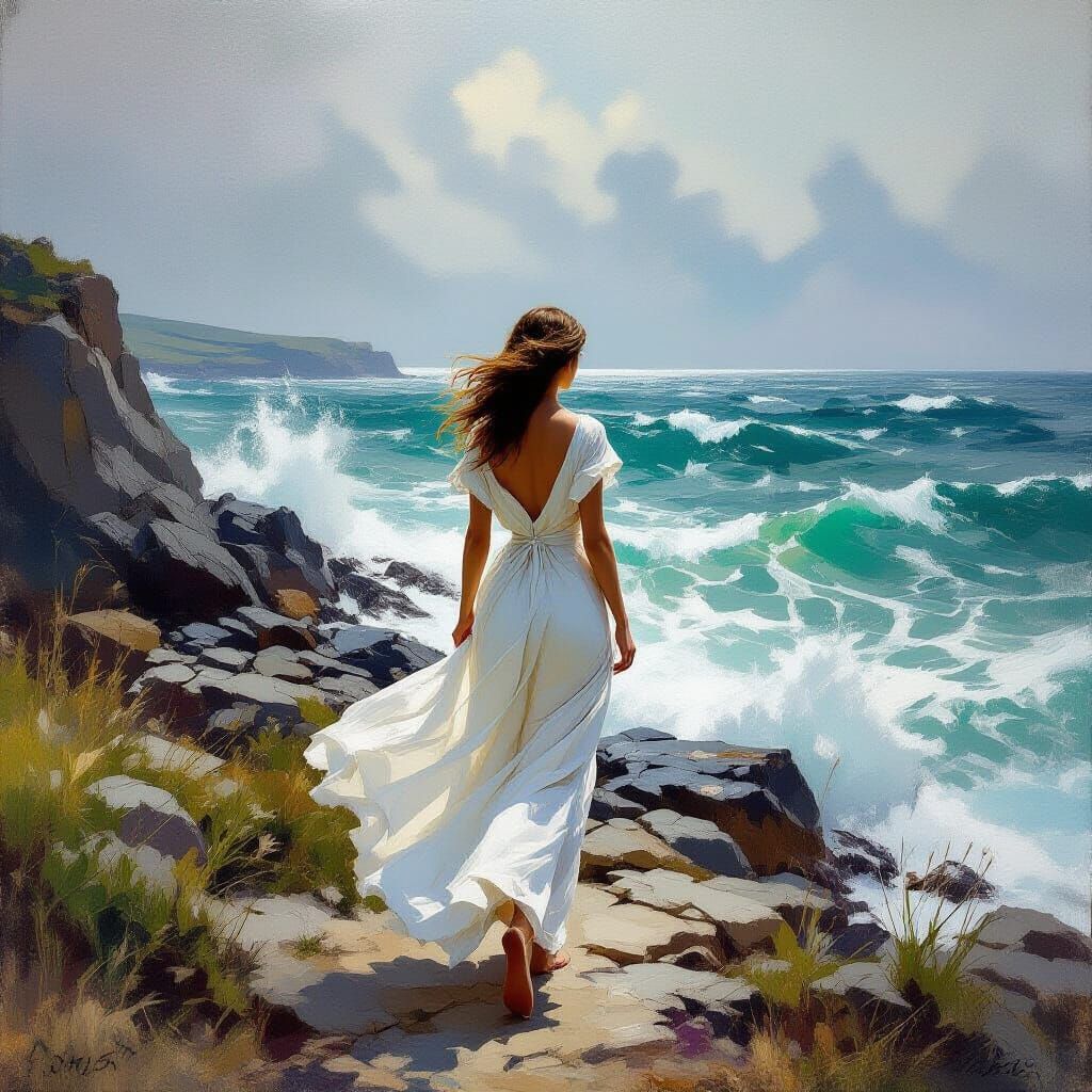 Woman on Rocky Coastline in Romantic Style