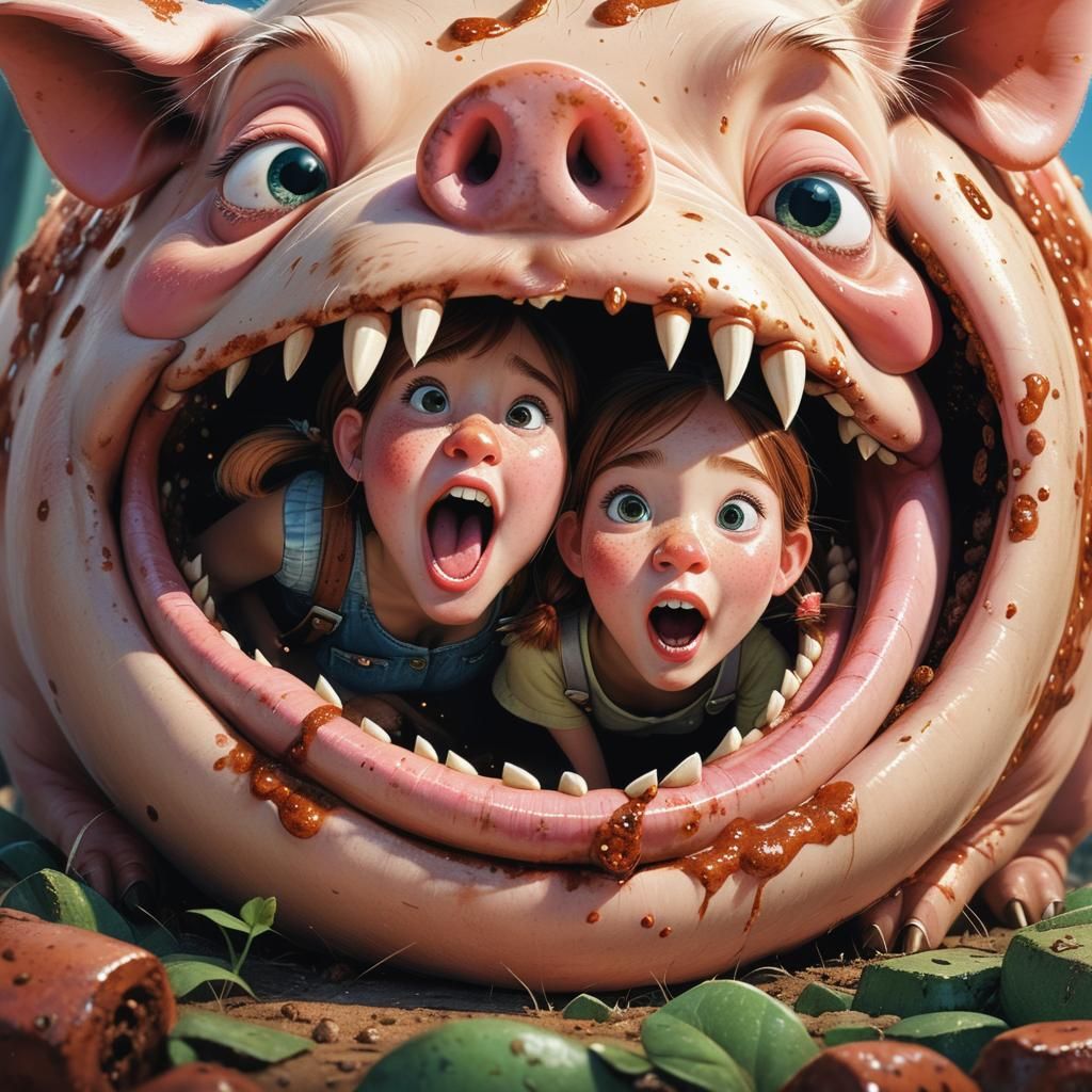 Surreal Pig Emerges from Girl's Mouth: Pixar-Inspired
