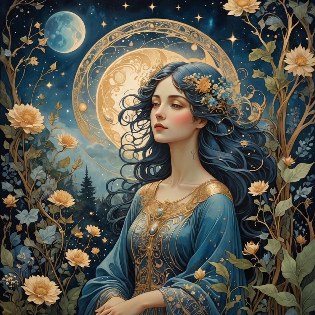 Celestial Woman in Dreamy Art Nouveau Landscape