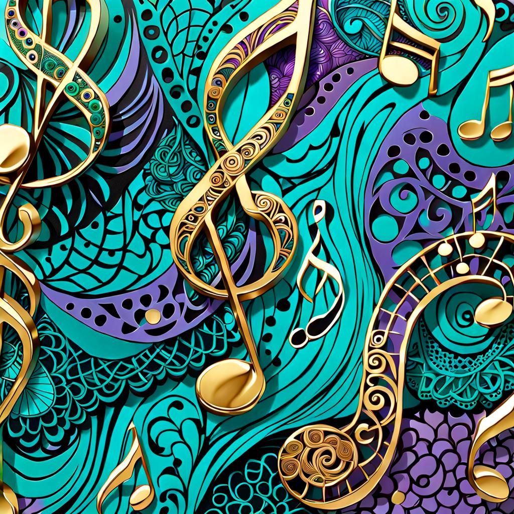 Zentangle Musical Notes in Lilac, Teal, and Gold