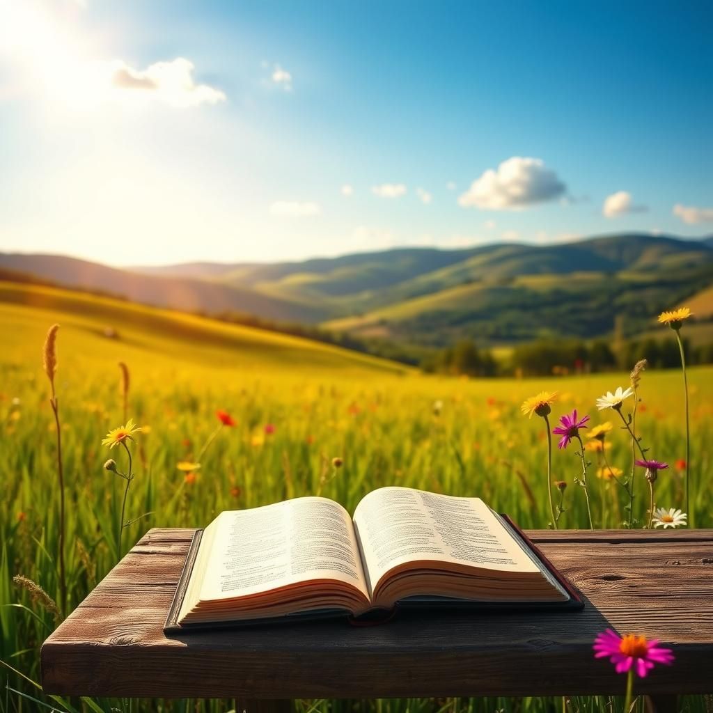 Sunlit Bible in Meadow: Impressionistic Country Scene