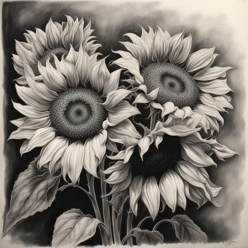 Hyperdetailed Charcoal Sunflowers Bouquet