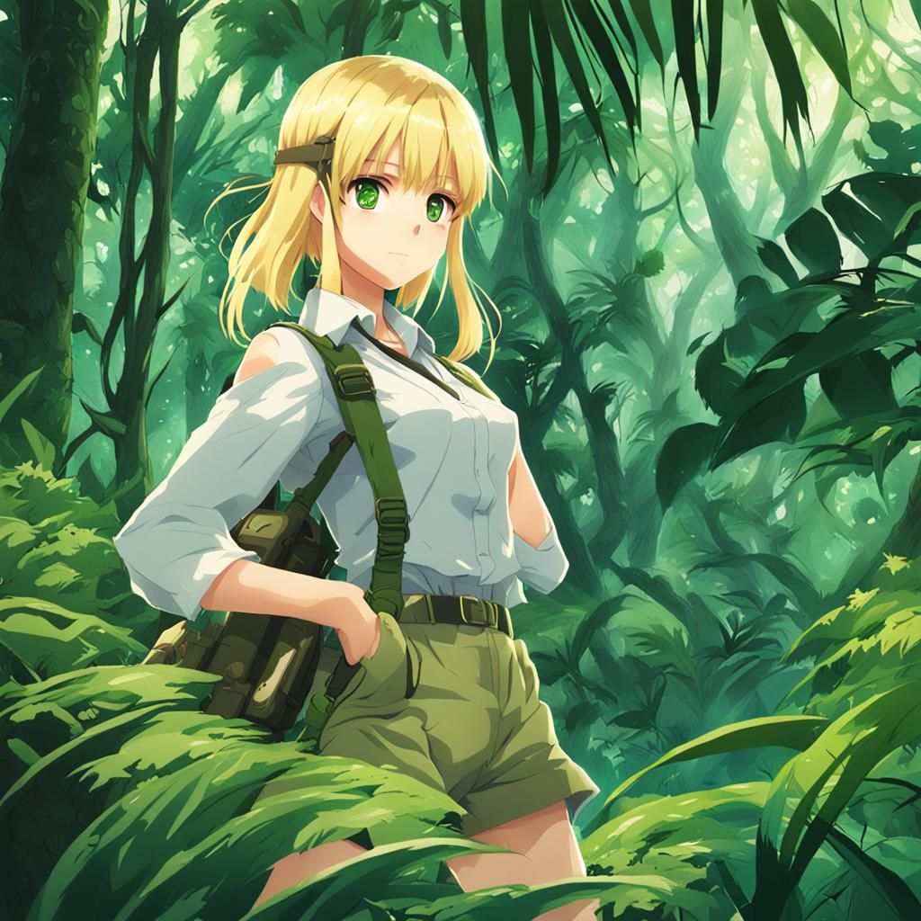 Blonde Girl in Jungle: Anime-Inspired Digital Art