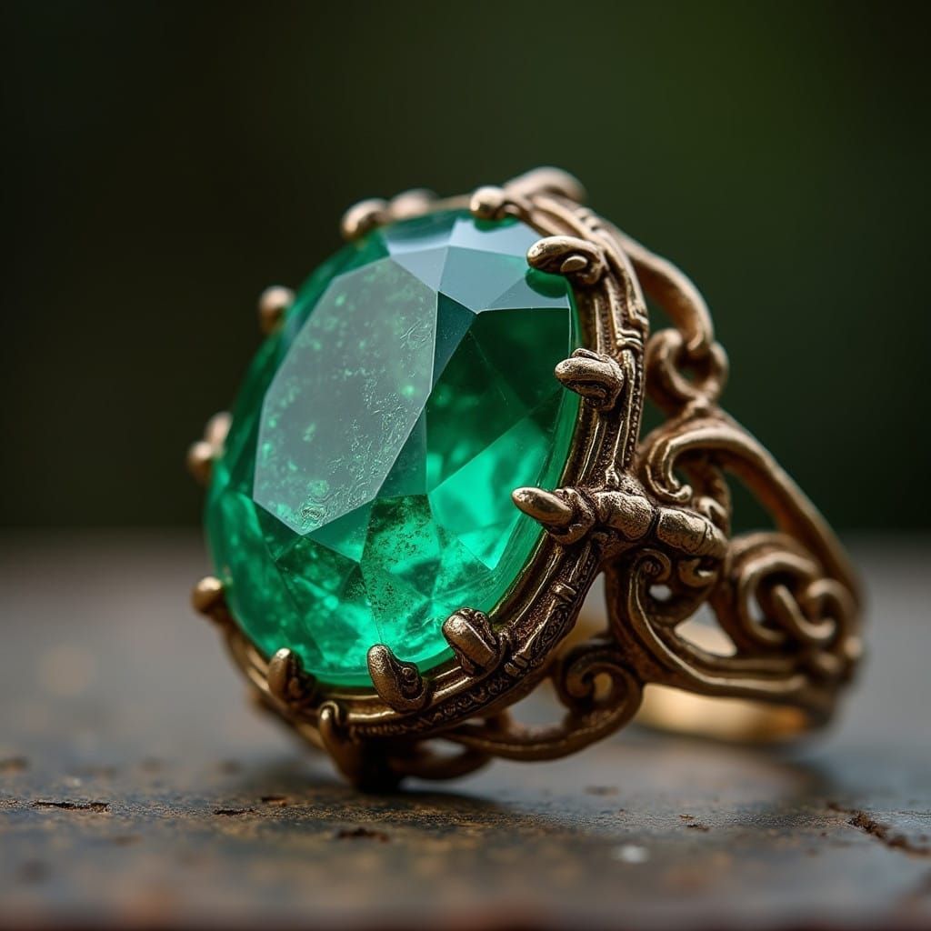 Vibrant Emerald in Ornate Bronze Ring with Celtic Influences