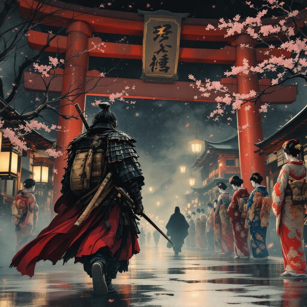Ronin Walks Through Torii Gate Lined With Geisha